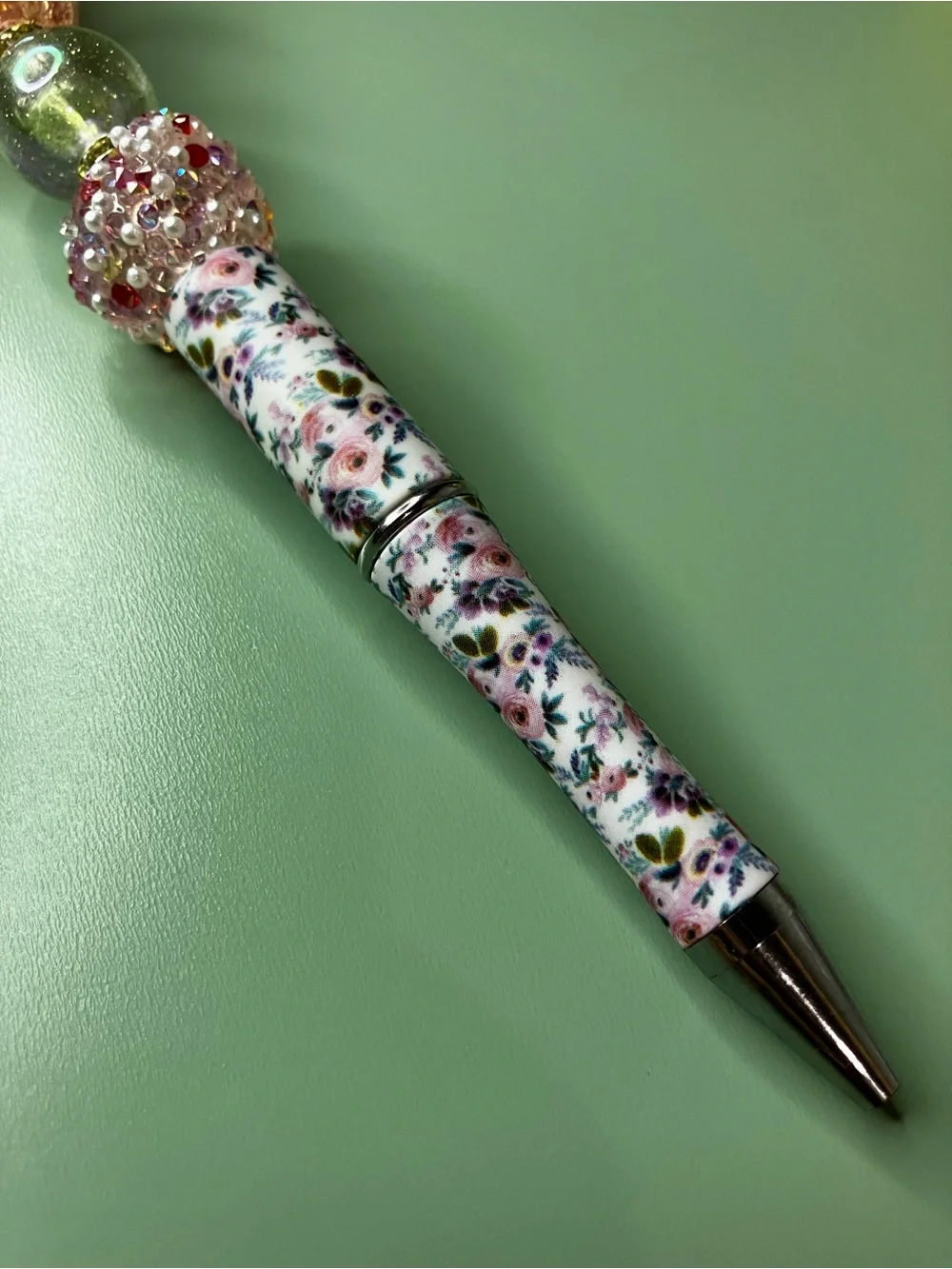 Pink Flower Fairy Handmade Beaded Pen with Floral Print Barrel